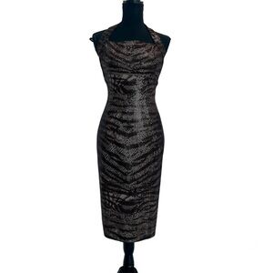 St. John evening brown tiger animal print sequin knit halter top bodycon dress 8